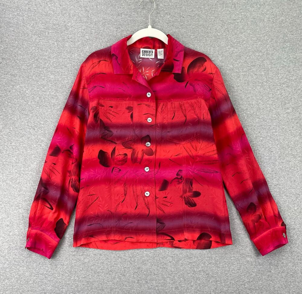 Vintage Chico's 100% Silk Shirt Size 0 Floral Ombre Red Purple Button Up Blouse